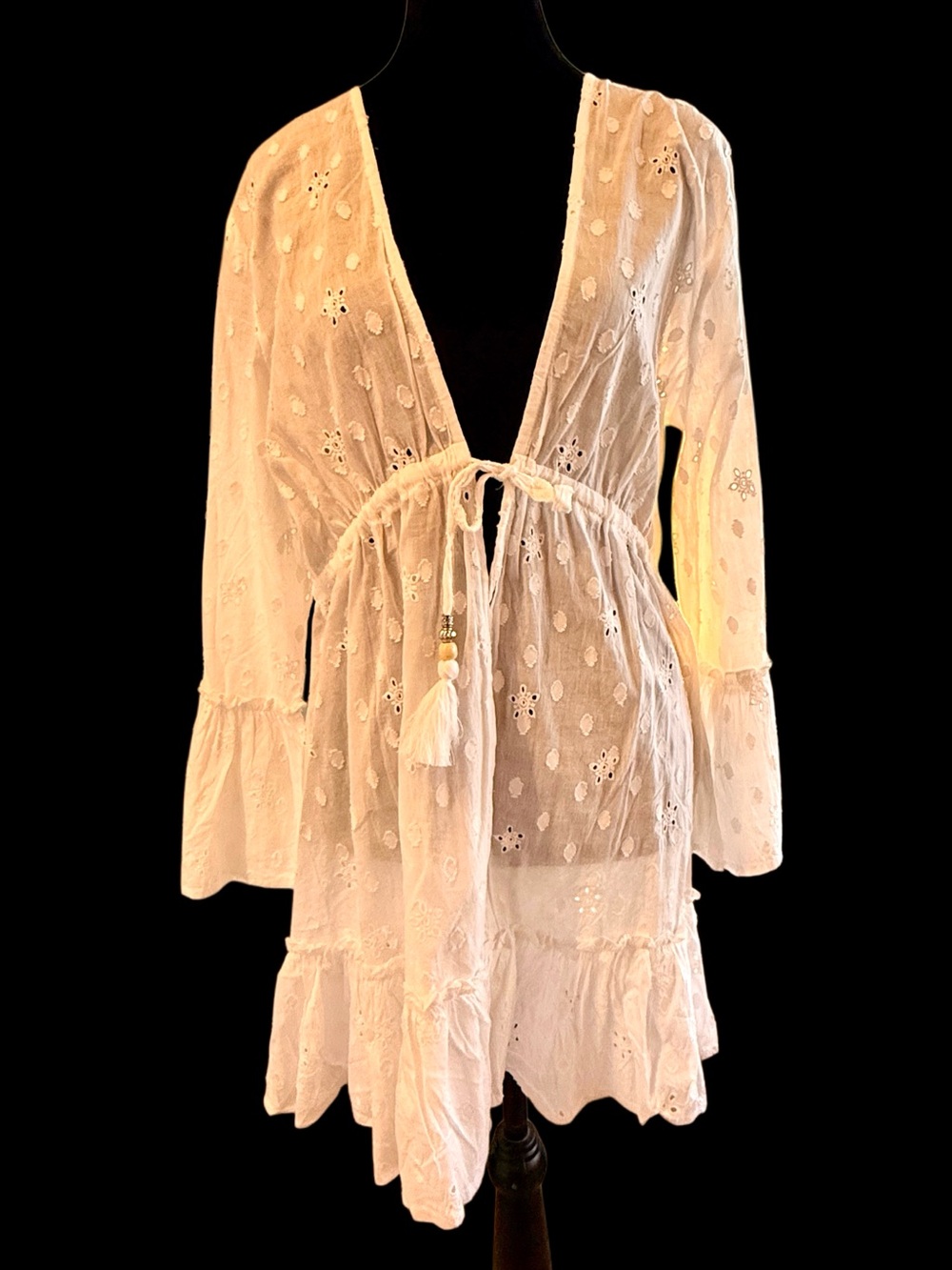 Blue Island White Eyelet Embroidered Boho V-Neck Beach Cover Up Dress- Sz L NWT!